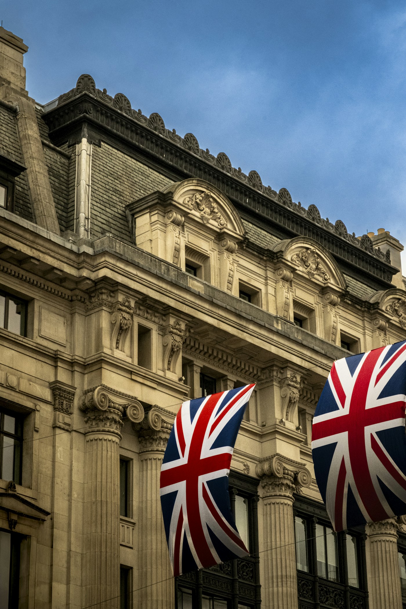 Union Jack flags along the historic buildings of Regent Street, London