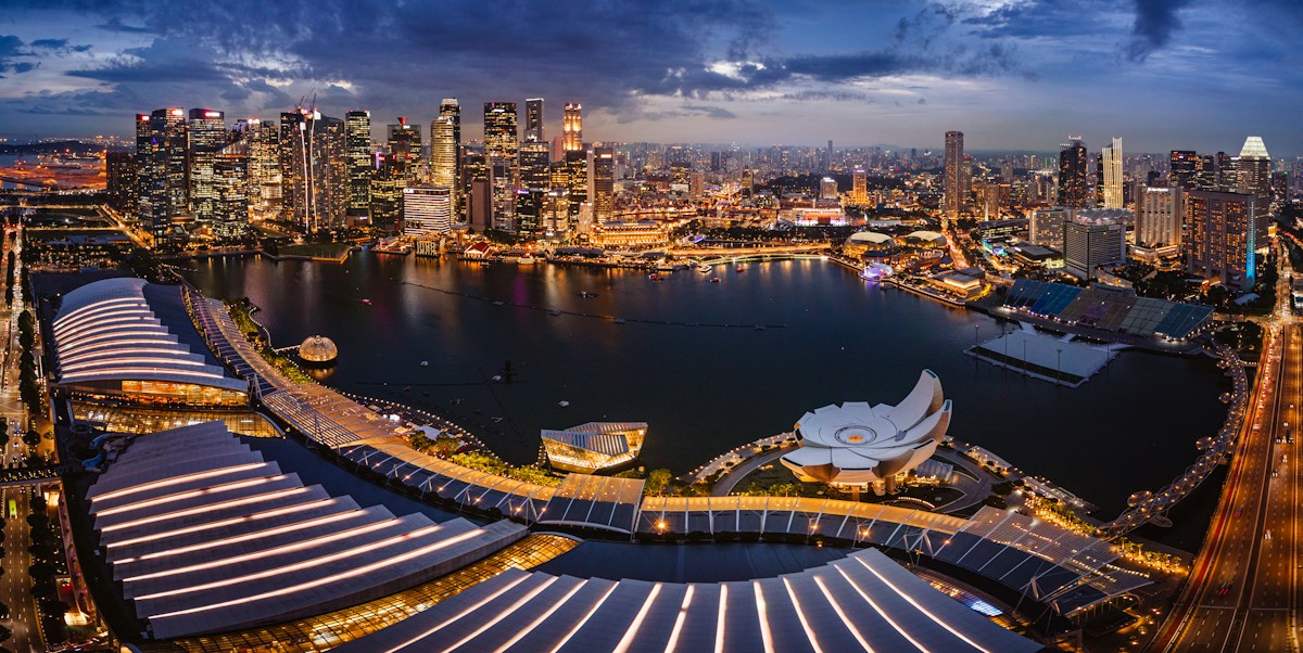 Singapore's Marina Bay illuminated after sunset